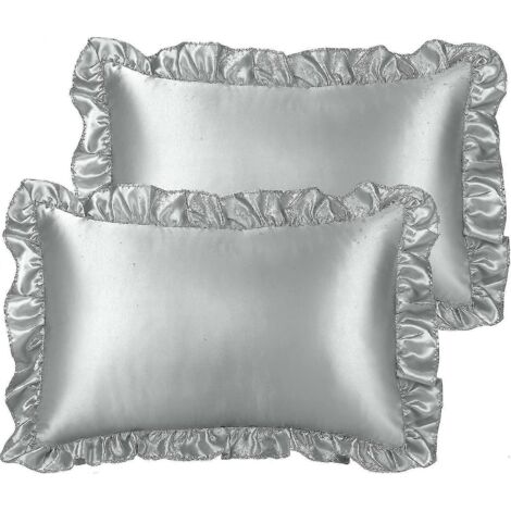 Ensemble de 2 taies d'oreiller à volants de luxe, housse d'oreiller rétro en satin soyeux avec volant, taies d'oreiller en satin 85 g/m² avec fermeture enveloppe, tailles standard et king, gris argent (1/5)