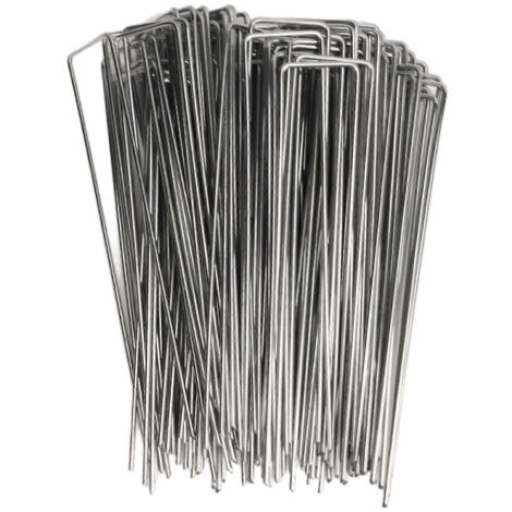 Lot de 100 piquets de jardin en forme de U, en acier galvanisé, pour la pose de toiles de paillage et autres décorations végétales. Rugosité : 3 mm / 0,12 po. (1/5)