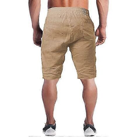 Short en lin pour homme, en coton léger et décontracté, idéal pour le sport, la gym et le yoga - Taille M - Kaki (1/4)