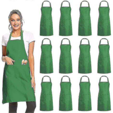 Lot de 12 tabliers à bavette unis avec 2 poches - Tablier unisexe noir pour usage commercial (Vrac vert) (1/4)