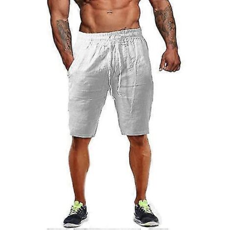 Short en lin pour homme, en coton léger et décontracté, idéal pour le sport, la gym et le yoga - Taille L - Blanc (1/5)