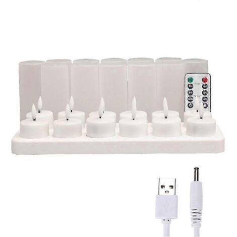 Bougies sans flamme avec minuterie à distance et base de chargement, lot de 12 bougies chauffe-plat LED blanches rechargeables par USB (1/5)