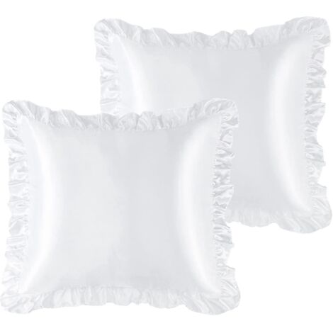 Ensemble de 2 taies d'oreiller à volants de luxe, housse d'oreiller rétro en satin soyeux avec volant, taies d'oreiller en satin 85 g/m² avec fermeture enveloppe, blanc standard boudoir (1/5)