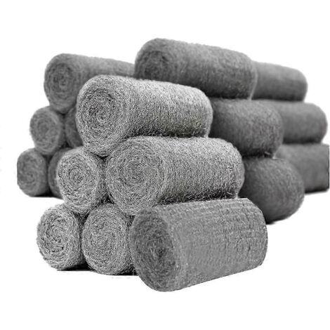 Lot de 24 rouleaux de laine d'acier pour éliminer les souris et nettoyer et boucher les petits trous. Laine d'acier fine, couleur argent-gris.
