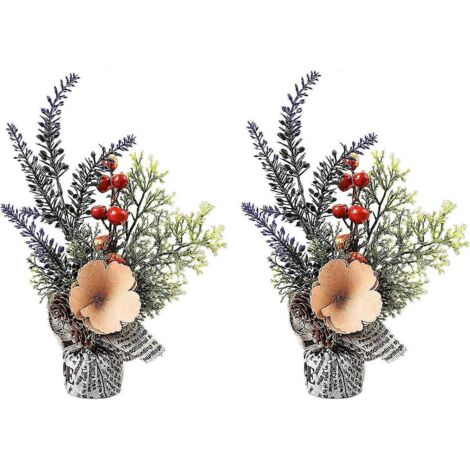 Lot de 2 mini sapins de Noël artificiels, 2,9 cm, avec base en tissu et fleur pour la décoration intérieure, A1 (1/5)