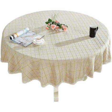 Nappe ronde épaisse en coton et lin, à carreaux et dentelle, idéale pour la cuisine et la salle à manger. (1/5)