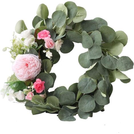 Couronne de fleurs artificielles en soie de 38,1 cm, guirlande de printemps/été avec feuilles vertes (1/5)