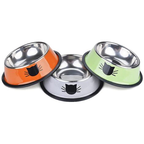 Lot de 3 gamelles pour animaux de compagnie en acier inoxydable avec base antidérapante (orange, vert et gris) (1/5)