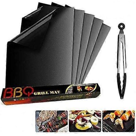 Tapis de cuisson et pinces pour barbecue, lot de 5. Tapis de barbecue antiadhésif 40 x 33 cm, réutilisable, pour barbecue à gaz. (1/3)