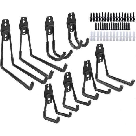 Crochets utilitaires muraux en forme de U pour outils, pelles, râteaux, poussettes, échelles, etc. - Lot de 8 - Noir (1/5)