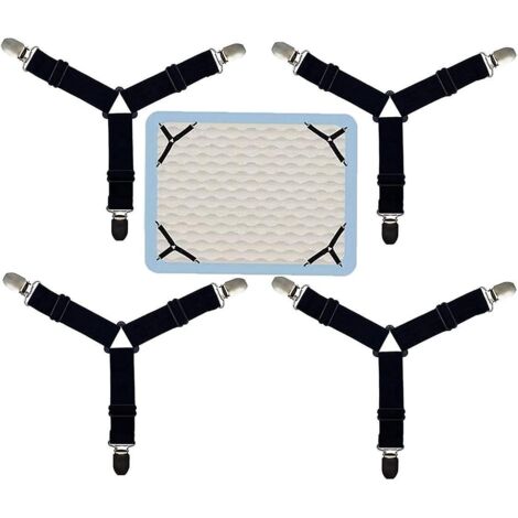 Lot de 4 attaches élastiques noires pour draps-housses, fixation triangulaire réglable et robuste. (1/3)