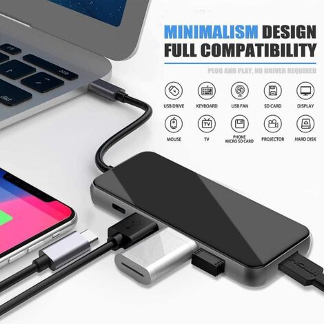 Hub USB-C - Adaptateur USB-C 7-en-1 avec sortie HDMI 4K, 3 ports USB 3.0, lecteur de cartes SD/Micro SD (1/4)