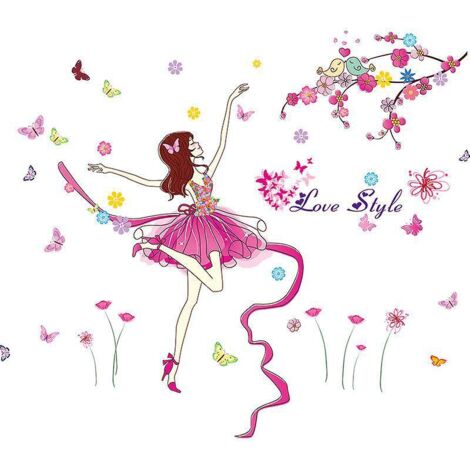 Stickers muraux amovibles pour chambre d'enfant, bébé ou crèche, représentant une fée des fleurs et des papillons dansant romantiques (1/5)