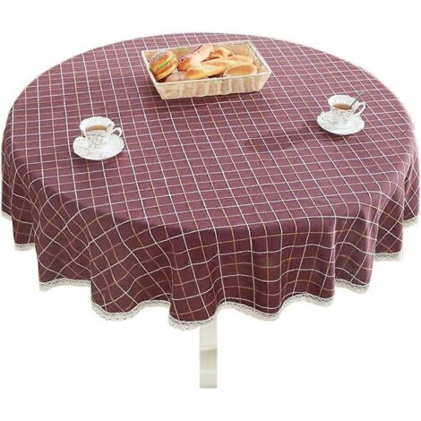 Nappe ronde épaisse en coton et lin, à carreaux et dentelle, idéale pour la cuisine et la salle à manger. (1/3)