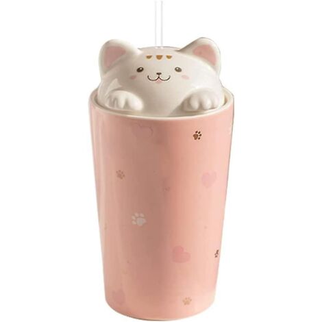 Mug à café chat avec paille, mug de voyage en céramique avec couvercle chaton 3D, réutilisable, pour thé, lait, bubble tea (1/3)
