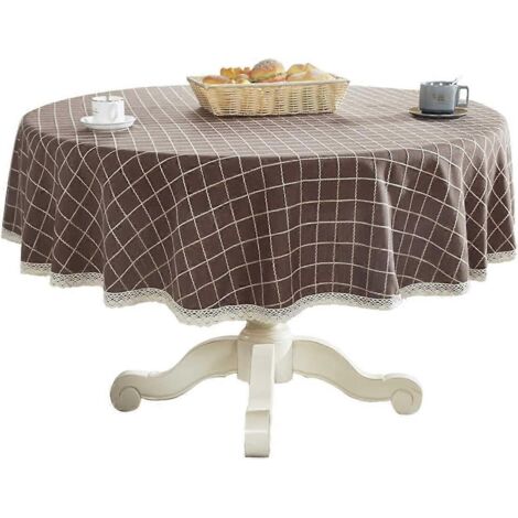 Nappe ronde épaisse en coton et lin, à carreaux et dentelle, idéale pour la cuisine et la salle à manger. (1/5)