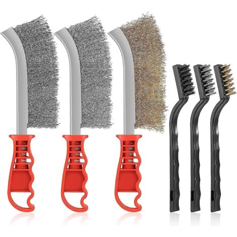 Lot de 6 brosses métalliques (acier, laiton et nylon) pour le nettoyage des scories de soudure et des rayures. (1/4)