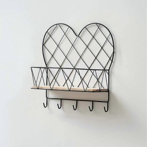 Étagère murale de rangement en métal et bois, porte-courrier, porte-clés, panier de rangement - 5 crochets (1/5)