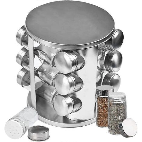 Étagère à épices rotative en acier inoxydable avec 12 pots en verre, étagère de rangement rotative pour épices et (1/2)