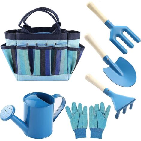 Ensemble de jardinage pour enfants 7 pièces comprenant un arrosoir, des gants de jardinage, un râteau, une truelle, une fourche et un sac de rangement - Cadeau de jardinage (Bleu) (1/5)