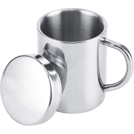 Tasse à café en acier inoxydable, tasse à double paroi avec couvercle et anse, idéale pour la randonnée et le camping. (1/5)