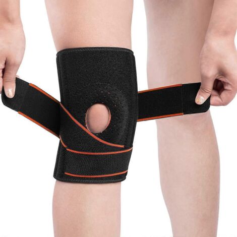 Orthèse de genou à rotule ouverte avec coussinets en gel et stabilisateurs latéraux, ajustable et respirante (1/5)