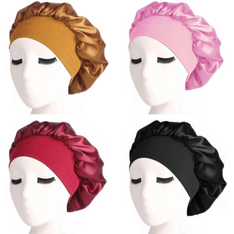 Lot de 4 bonnets de nuit en satin avec élastique large, parfaits pour dormir. (1/3)