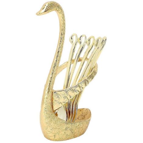 Lot de 6 petites cuillères à thé, mini cuillères à dessert avec support en forme de cygne, acier inoxydable (doré) (1/5)