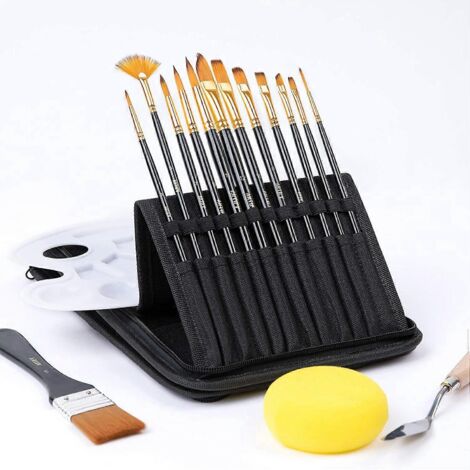 Ensemble de 12 pinceaux comprenant un étui de transport pliable avec couteau à palette gratuit, grand pinceau plat et (1/3)