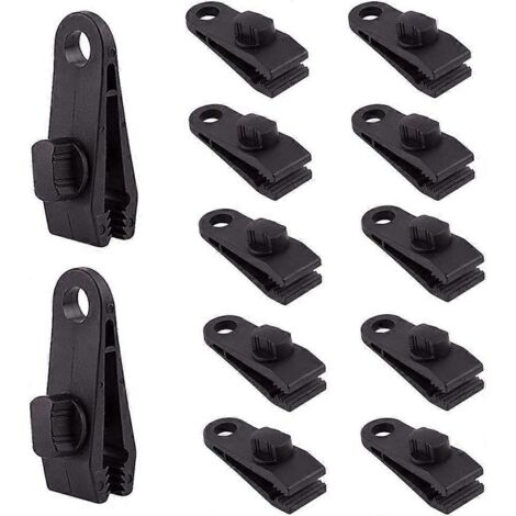 Lot de 12 pinces de bâche en nylon et plastique, type « gueule de crocodile », multi-usages, résistantes au vent, avec boucle de fixation. Accessoires pour tentes. (1/5)