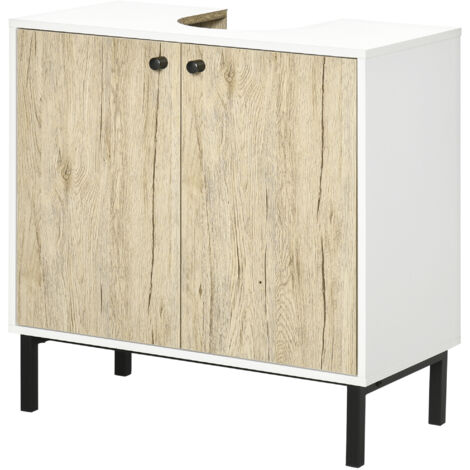 Meuble de salle de bain sous lavabo 2 portes avec étagère intérieure, panneaux de particules et acier, 60x30x60 cm, blanc et chêne (1/5)