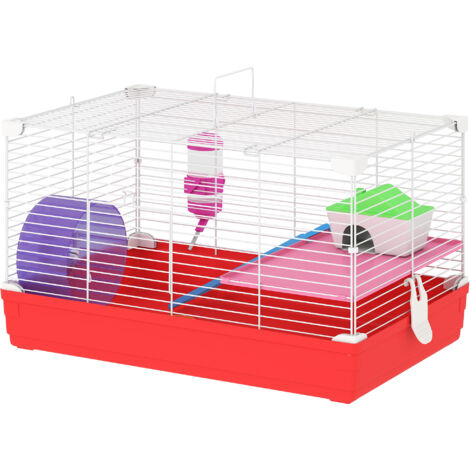 Cage à Hamster 2 Niveaux en Métal et PP avec Maisonnette, Réservoir d'Eau et Roue, 47x30x27 cm (1/5)