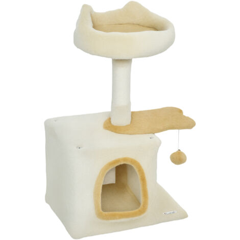Arbre à chat avec perchoir et niche, bois, peluche et sisal, 40x30x72 cm, beige et jaune (1/5)