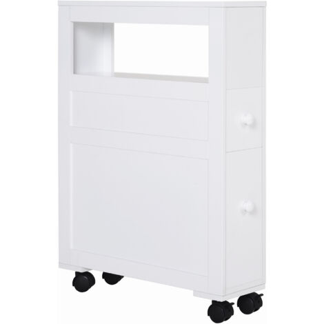 Meuble de Salle de Bain 2 Tiroirs Gain de Place 4 Roulettes Bois 16x52x71.5cm Blanc (1/5)