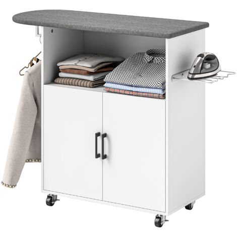 Table à repasser mobile avec armoire 2 portes et espace ouvert, 125x43.5x102.5 cm, blanc (1/5)