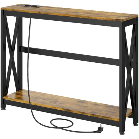 Meuble TV étroit industriel 2 étagères avec prises électriques et USB, 100x24x75 cm, chêne (1/5)