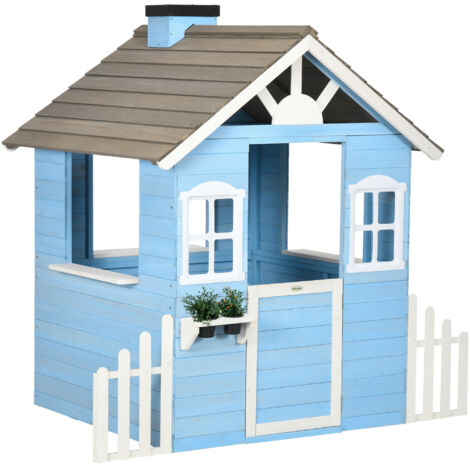 Maison Enfants 3-7 Ans avec Barrière, Jardinière, Porte et Fenêtres, en Sapin, 151x112.5x142 cm, Bleu (1/5)