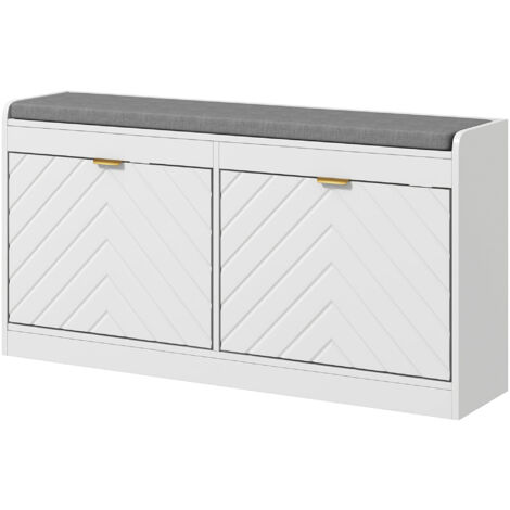 Banc de rangement à assise rembourrée blanc 106x24x52,5 cm avec tiroir abattant et porte décorative (1/5)