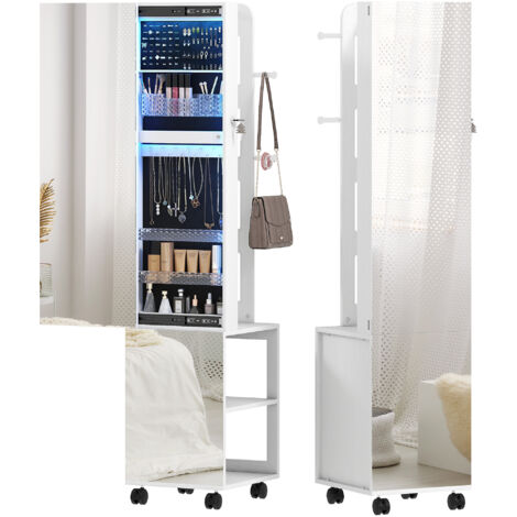 Armoire à bijoux sur pied pivotante 360° avec miroir, éclairage LED, 37x40x165,5 cm, cadre blanc, intérieur noir (1/5)