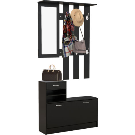 HOMCOM Ensemble 3-en-1 entrée vestiaire avec panneau porte-manteau, miroir, banc chaussures, 6 crochets, étagère réglable, noir (1/5)