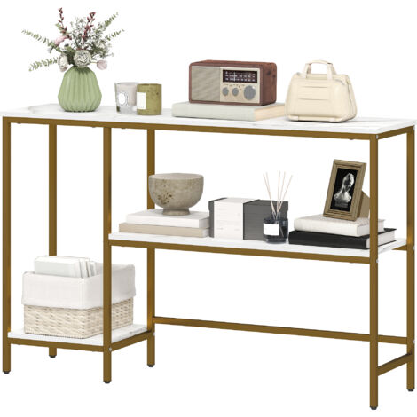 Console d'entrée 120 cm, table console 3 étages avec étagères, dessus marbre blanc et doré (1/5)