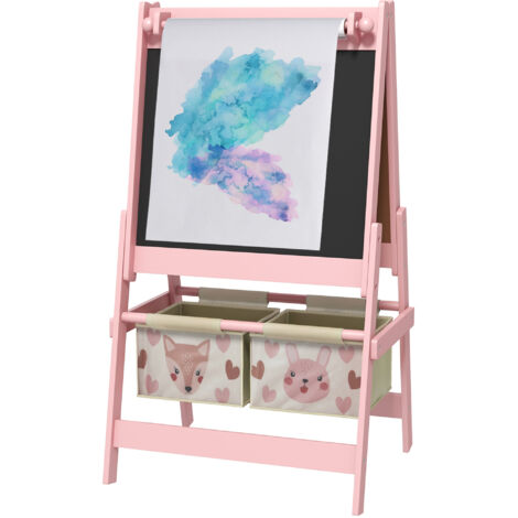 Tableau chevalet enfant ardoise double face craie rouleau papier 2 paniers 54x46,5x93cm rose (1/5)