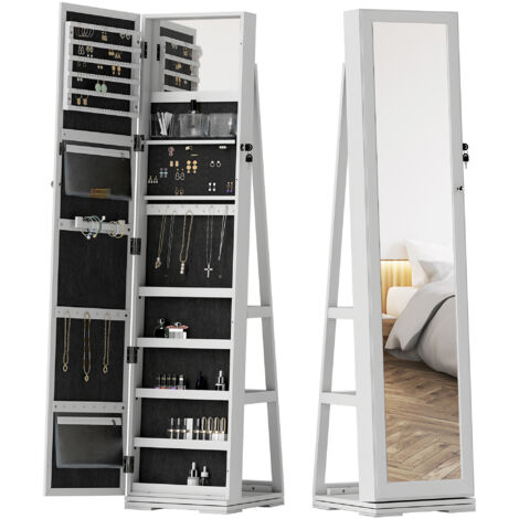 Armoire à Bijoux Pivotante Verrouillable avec Miroir, Boîte de Rangement Multifonction en Bois Blanc (1/5)