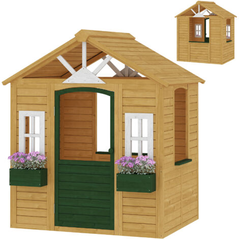 Cabane enfant bois extérieur avec porte fenêtres 2 jardinières 134,5x97x150cm marron (1/5)