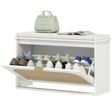 Banc de rangement avec assise rembourrée, tiroir escamotable et porte en rotin, 80 x 26 x 47,5 cm, blanc (1/5)