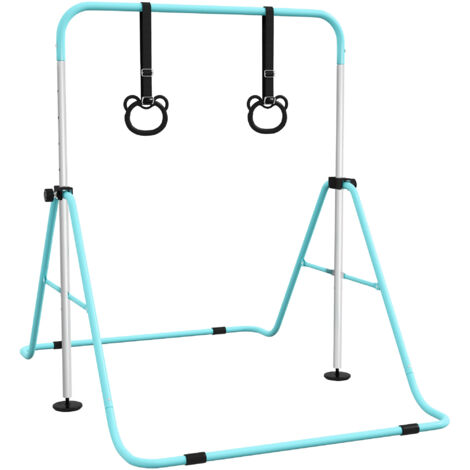 Barre de gymnastique enfant pliable, hauteur réglable avec anneaux, cyan (1/5)