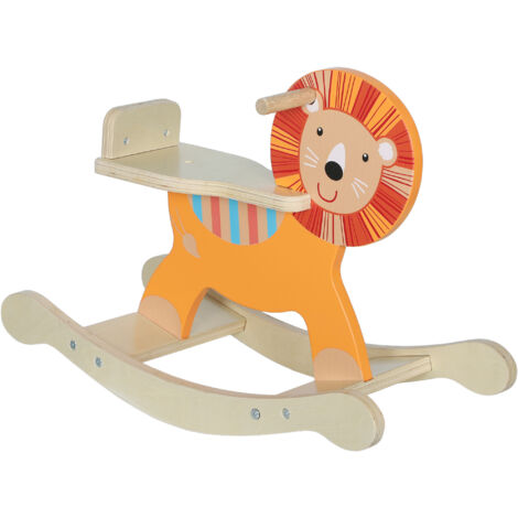 Cheval à bascule enfant, lion jouet en bois avec guidon, base stable, 59x27x43 cm, orange (1/5)