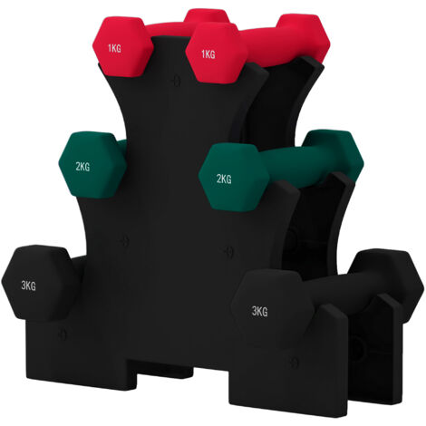 Set d'haltères hexagonaux avec rack, pour fitness et musculation, 2 x 1kg, 2 x 2kg, 2 x 3kg (1/5)