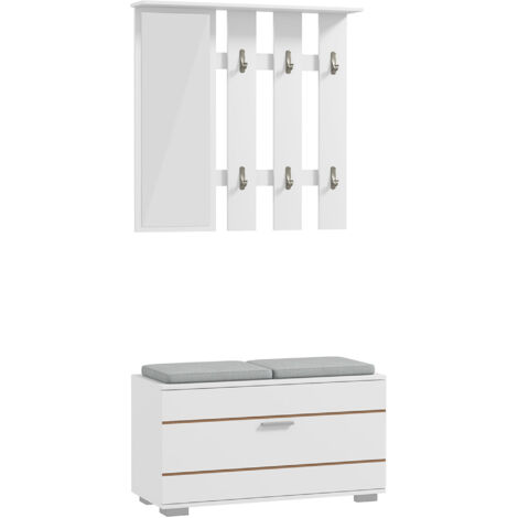 Meuble d'entrée avec patère, miroir, banc à coussins et rangement à chaussures pour 8 paires, blanc (1/5)