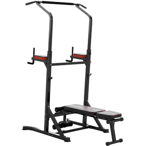 Tour de traction pliable, station fitness multifonction réglable sur 7 positions avec barre de tractions, station dips, station pompes et banc plat en acier, pour salle de sport maison, capacité 150kg (1/5)